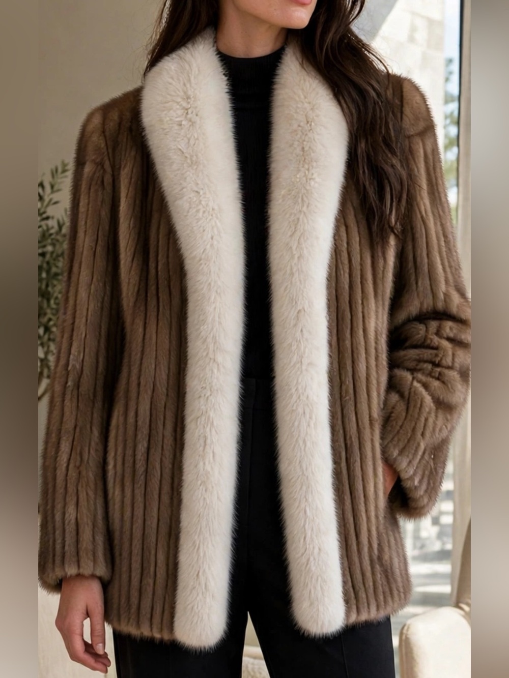Luxurious Saga Furs Brown Mink Cream Shadow Fox Fur Coat Bomber Jacket Après ski